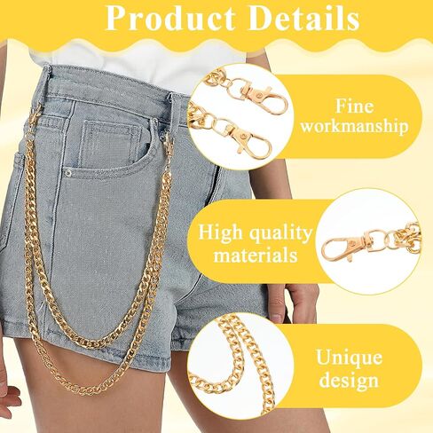 2PCS Double Layer Pants Chain for Men Women, Gold Silver Metal Jeans Wallet Chain with Clip, Hip Hop Punk Biker Pocket Belt Accessory in Saudi Arabia