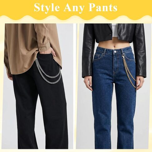 2PCS Double Layer Pants Chain for Men Women, Gold Silver Metal Jeans Wallet Chain with Clip, Hip Hop Punk Biker Pocket Belt Accessory in Saudi Arabia