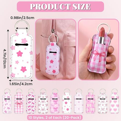 20 Pcs Lipstick Holder Keychain, Chapstick Holder Bulk, Coquette Pink Bow Keychain Charm Backpack Purse Accessories, Pink Party Favors for Women, Chapstick Lipstick Lip Balm Lip Gloss Organizer Sleeve in Saudi Arabia