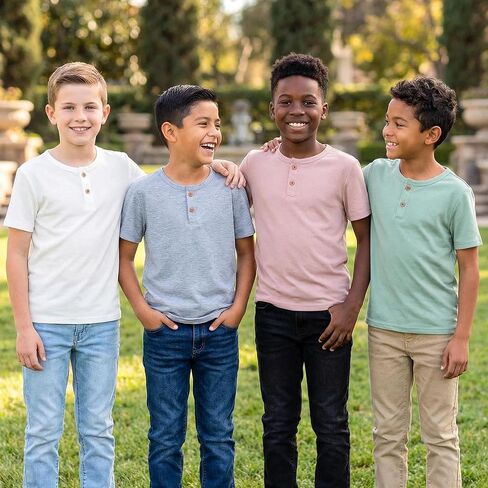 تي شيرت للأولاد مكون من 4 قمصان Henley بأكمام قصيرة بلون سادة كاجوال للمدرسة اليومية، قمصان شبابية صيفية ناعمة للاستخدام اليومي in Kuwait