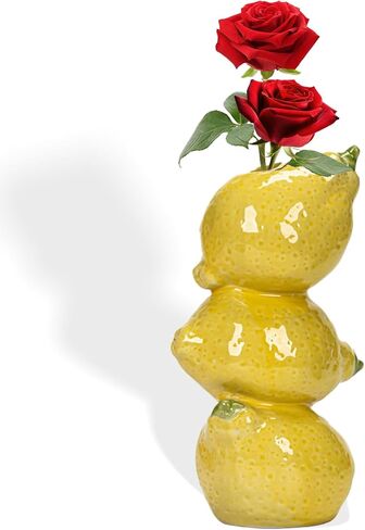 8" Yellow Lemon Ceramic Vase – Mediterranean Style Tabletop Flower Vase with 3D Lemon Design, Decorative Home & Kitchen Décor for Fresh Flowers, Dried Arrangements & Greenery in Saudi Arabia