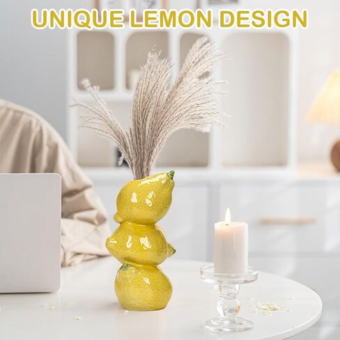 8" Yellow Lemon Ceramic Vase – Mediterranean Style Tabletop Flower Vase with 3D Lemon Design, Decorative Home & Kitchen Décor for Fresh Flowers, Dried Arrangements & Greenery in Saudi Arabia