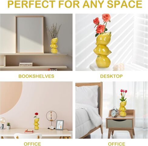 8" Yellow Lemon Ceramic Vase – Mediterranean Style Tabletop Flower Vase with 3D Lemon Design, Decorative Home & Kitchen Décor for Fresh Flowers, Dried Arrangements & Greenery in Saudi Arabia