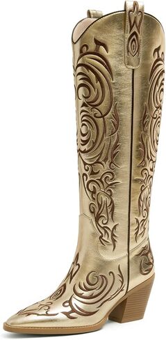 Women's Western Cowboy Boots Faux Leather Embroidered Pointed Toe Knee High Pull On Comfortable in Saudi Arabia