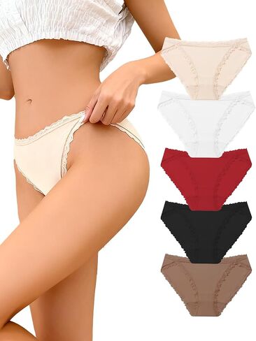 5-Pack Lace Trim Low Rise Women Panties, Soft Stretch Seam Free Design Cheeky Bikini Panties, Hipster Stretch Briefs in Kuwait
