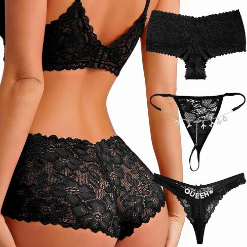 Sexy Lace Panties for Women 3 Pack, Boyshorts Cheeky Underwear, Rhinestone G String Thong & Floral Lace Shorts Set in Saudi Arabia
