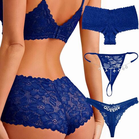 Sexy Lace Panties for Women 3 Pack, Boyshorts Cheeky Underwear, Rhinestone G String Thong & Floral Lace Shorts Set in Saudi Arabia