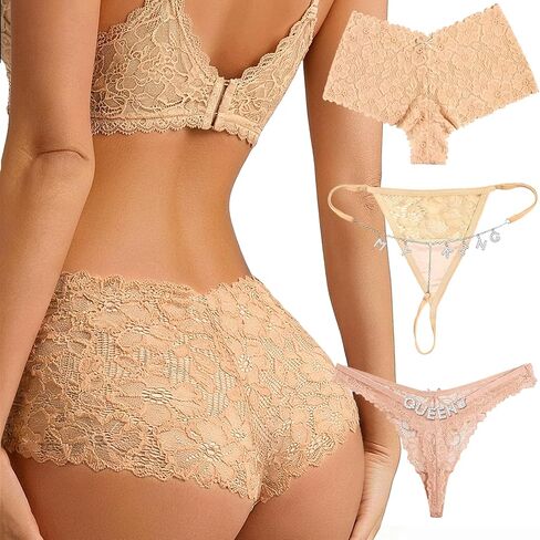 Sexy Lace Panties for Women 3 Pack, Boyshorts Cheeky Underwear, Rhinestone G String Thong & Floral Lace Shorts Set in Saudi Arabia