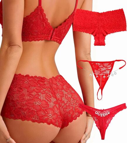Sexy Lace Panties for Women 3 Pack, Boyshorts Cheeky Underwear, Rhinestone G String Thong & Floral Lace Shorts Set in Saudi Arabia
