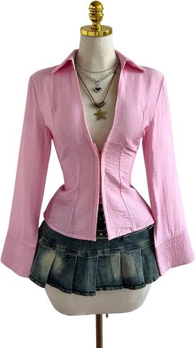 LALAGEN Womens Shirt V-Neck Striped Collar Slim Fit Button-Up Long Sleeve Sexy Blouse in Saudi Arabia