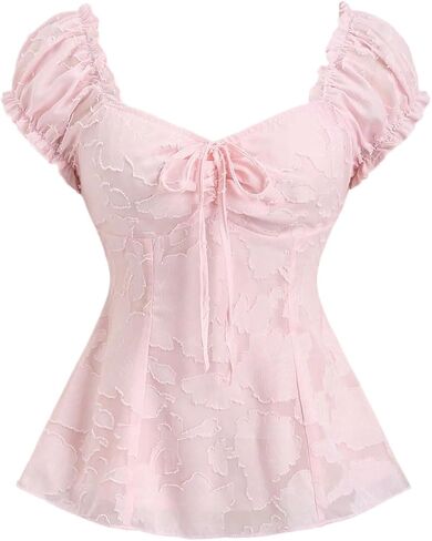 بلوزة GORGLITTER النسائية Smocked Peplum التعادل الأمامي الأزهار الجاكار الحبيب الرقبة نفخة كم بيبي دول قمم in Kuwait