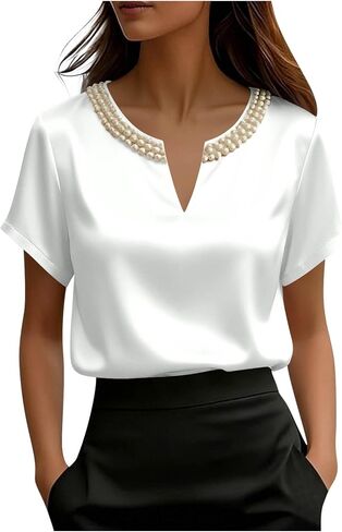 Womens Tops Dressy Casual V Neck Color Short Sleeve Blouse Business Casual Tops Satin Silk Work Summer Shirt in Kuwait