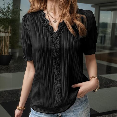 Patchwork Top Vacation Fashion Hollow Out Short Sleeve Women's Blouse in Kuwait