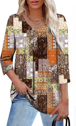 Lylinan Womens V Neck 3/4 Sleeve Tunic Shirts Casual Loose Fit Spring Summer Blouse Style Clothing S-XXL in Saudi Arabia