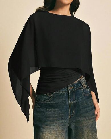 Women Elegant Asymmetrical Cape Sleeve Poncho Cape Tops Dressy Crew Neck Flowy Batwing Sleeve Sheer Blouse Shirt in Saudi Arabia