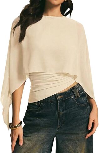 Women Elegant Asymmetrical Cape Sleeve Poncho Cape Tops Dressy Crew Neck Flowy Batwing Sleeve Sheer Blouse Shirt in Saudi Arabia