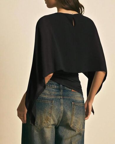 Women Elegant Asymmetrical Cape Sleeve Poncho Cape Tops Dressy Crew Neck Flowy Batwing Sleeve Sheer Blouse Shirt in Saudi Arabia