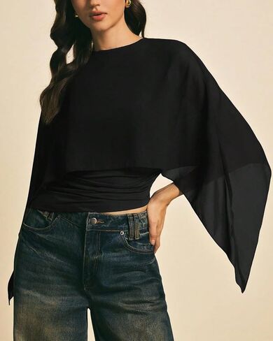 Women Elegant Asymmetrical Cape Sleeve Poncho Cape Tops Dressy Crew Neck Flowy Batwing Sleeve Sheer Blouse Shirt in Saudi Arabia