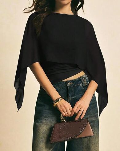 Women Elegant Asymmetrical Cape Sleeve Poncho Cape Tops Dressy Crew Neck Flowy Batwing Sleeve Sheer Blouse Shirt in Saudi Arabia