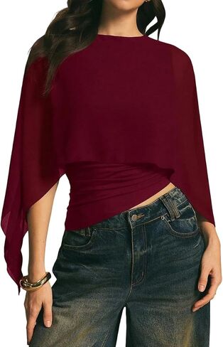 Women Elegant Asymmetrical Cape Sleeve Poncho Cape Tops Dressy Crew Neck Flowy Batwing Sleeve Sheer Blouse Shirt in Saudi Arabia