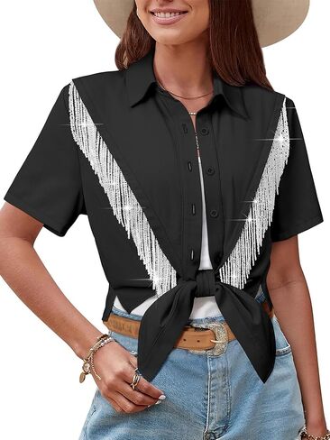 MYMORE Womens ❷⓿❷❺ Sparkly Beaded Fringe Cropped Button Down Shirt Tie Front Top Country Concert Western Cowgirl Outfit in Saudi Arabia