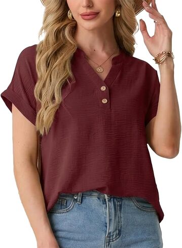 HiMONE Women’s Summer Tops Casual V Neck T Shirts Short Sleeve Loose Fit Textured Blouse Tunic Tops for Women in Saudi Arabia