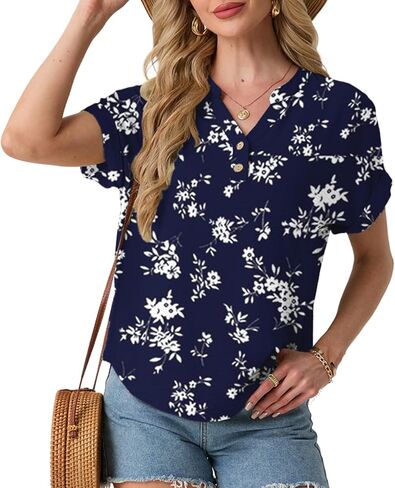 HiMONE Women’s Summer Tops Casual V Neck T Shirts Short Sleeve Loose Fit Textured Blouse Tunic Tops for Women in Saudi Arabia