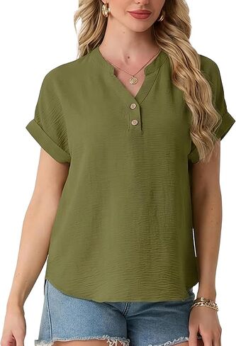HiMONE Women’s Summer Tops Casual V Neck T Shirts Short Sleeve Loose Fit Textured Blouse Tunic Tops for Women in Saudi Arabia