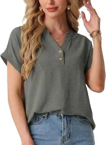 HiMONE Women’s Summer Tops Casual V Neck T Shirts Short Sleeve Loose Fit Textured Blouse Tunic Tops for Women in Saudi Arabia