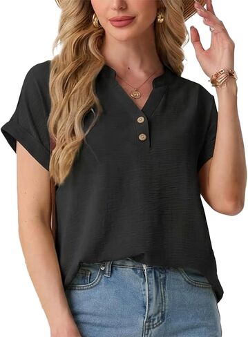 HiMONE Women’s Summer Tops Casual V Neck T Shirts Short Sleeve Loose Fit Textured Blouse Tunic Tops for Women in Saudi Arabia