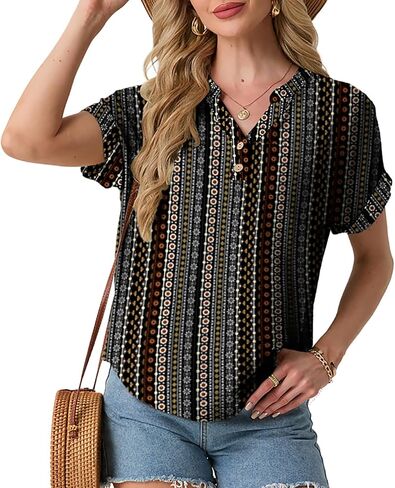 HiMONE Women’s Summer Tops Casual V Neck T Shirts Short Sleeve Loose Fit Textured Blouse Tunic Tops for Women in Saudi Arabia