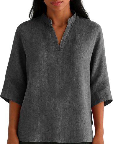 Women's Cotton Linen Blouse 3/4 Sleeve Stand Collar V Split Neck Gauze Tops Loose Fit Business Casual Outfits in Saudi Arabia