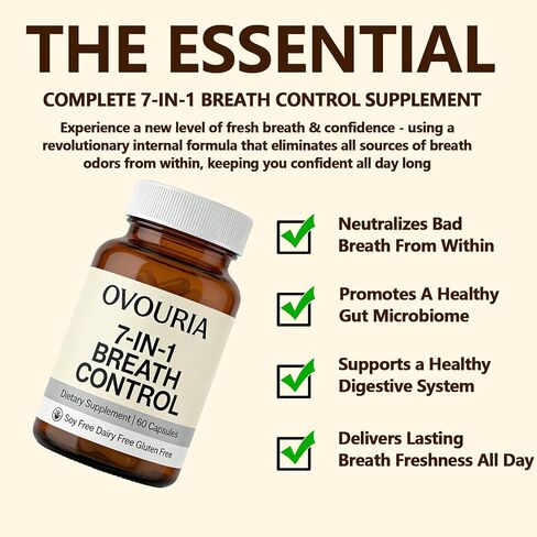 Ovouria Breath and Gut Balance - 7-in-1 Breath Control, Targets Bad Breath at The Gut Root, Natural Ingredients with Probiotics, Vegan Gluten-Free, 60 Capsules(1pc) in Saudi Arabia