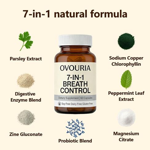 Ovouria Breath and Gut Balance - 7-in-1 Breath Control, Targets Bad Breath at The Gut Root, Natural Ingredients with Probiotics, Vegan Gluten-Free, 60 Capsules(1pc) in Saudi Arabia