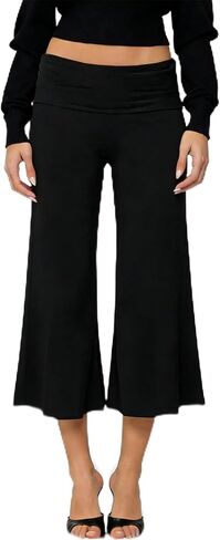 Fold Over Gaucho Pants for Women Flowy Wide Leg Yoga Capris Elastic Low Rise Cropped Palazzo Culottes in Saudi Arabia