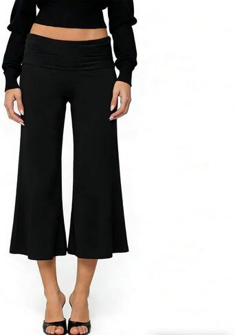 Fold Over Gaucho Pants for Women Flowy Wide Leg Yoga Capris Elastic Low Rise Cropped Palazzo Culottes in Saudi Arabia