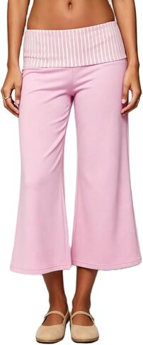 Fold Over Gaucho Pants for Women Flowy Wide Leg Yoga Capris Elastic Low Rise Cropped Palazzo Culottes in Saudi Arabia