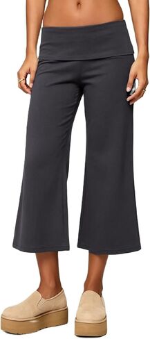 Fold Over Gaucho Pants for Women Flowy Wide Leg Yoga Capris Elastic Low Rise Cropped Palazzo Culottes in Saudi Arabia