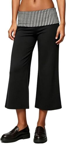 Fold Over Gaucho Pants for Women Flowy Wide Leg Yoga Capris Elastic Low Rise Cropped Palazzo Culottes in Saudi Arabia