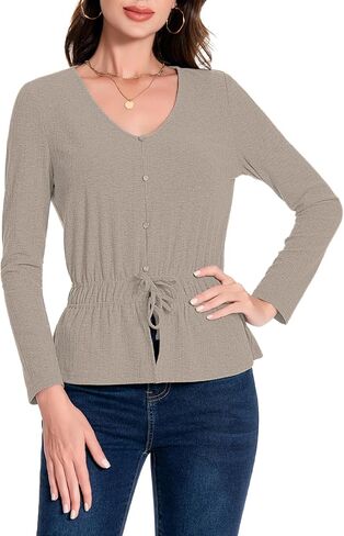 Womens Babydoll Tops V Neck Peplum Ribbed Long Sleeve Shirts Elastic Waist Ladies Tunics Dressy Casual Outfits in Saudi Arabia