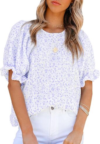 Floral Print Blouses for Women Crewneck Smocked Puff Sleeve Shirts Casual Babydoll Tops in Kuwait