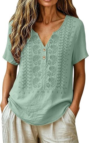 Cotton Linen Embroidered Tops for Women Boho Peasant Blouses V Neck Henley Shirts Summer Short Sleeve Gauze Tunics in Kuwait