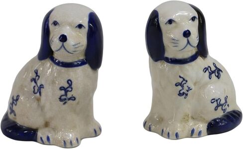 Hand Painted Blue and White Floral Mini Lovely Pair of Porcelain Pet Dog Figurines, Small Animal Ceramic Ornaments Home Décor -3.5" H in Saudi Arabia