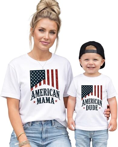 American Mama and Dude Matching 4th of July Family Shirts Patriotic Mother Son Outfit USA Family Tee Multicolor in Kuwait