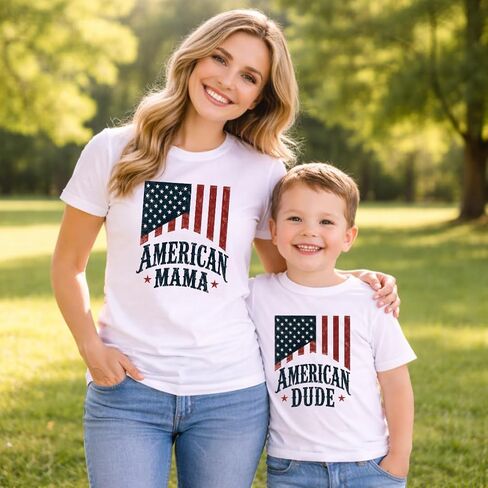 American Mama and Dude Matching 4th of July Family Shirts Patriotic Mother Son Outfit USA Family Tee Multicolor in Kuwait