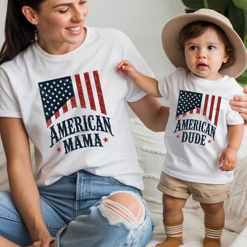 American Mama and Dude Matching 4th of July Family Shirts Patriotic Mother Son Outfit USA Family Tee Multicolor in Kuwait