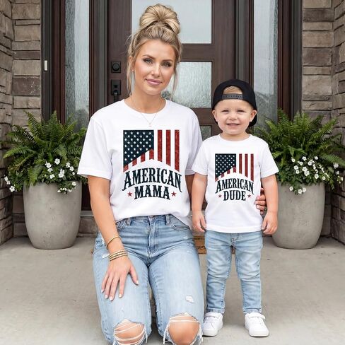 American Mama and Dude Matching 4th of July Family Shirts Patriotic Mother Son Outfit USA Family Tee Multicolor in Kuwait