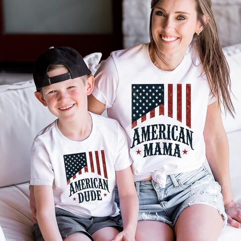 American Mama and Dude Matching 4th of July Family Shirts Patriotic Mother Son Outfit USA Family Tee Multicolor in Kuwait