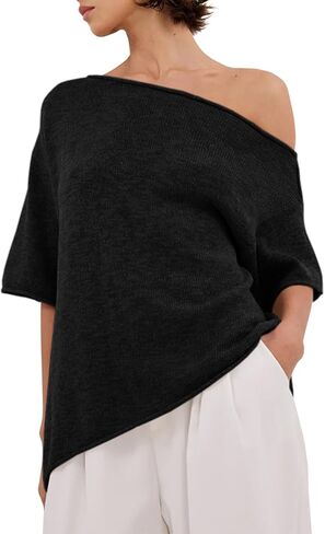 Womens Off The Shoulder Knit Tops Summer Short Sleeve Roll Hem Asymmetrical Linen T Shirts 2026 in Saudi Arabia