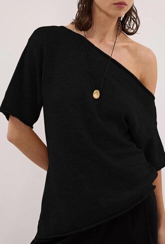 Womens Off The Shoulder Knit Tops Summer Short Sleeve Roll Hem Asymmetrical Linen T Shirts 2026 in Saudi Arabia